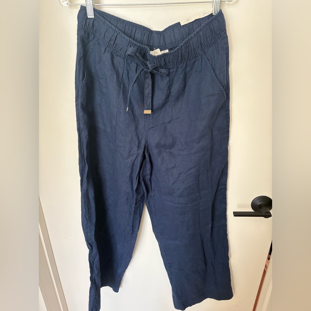 NWT 100% Linen Wide Leg Elastic Waist Drawcord Pants pockets Cozy Beach Navy M